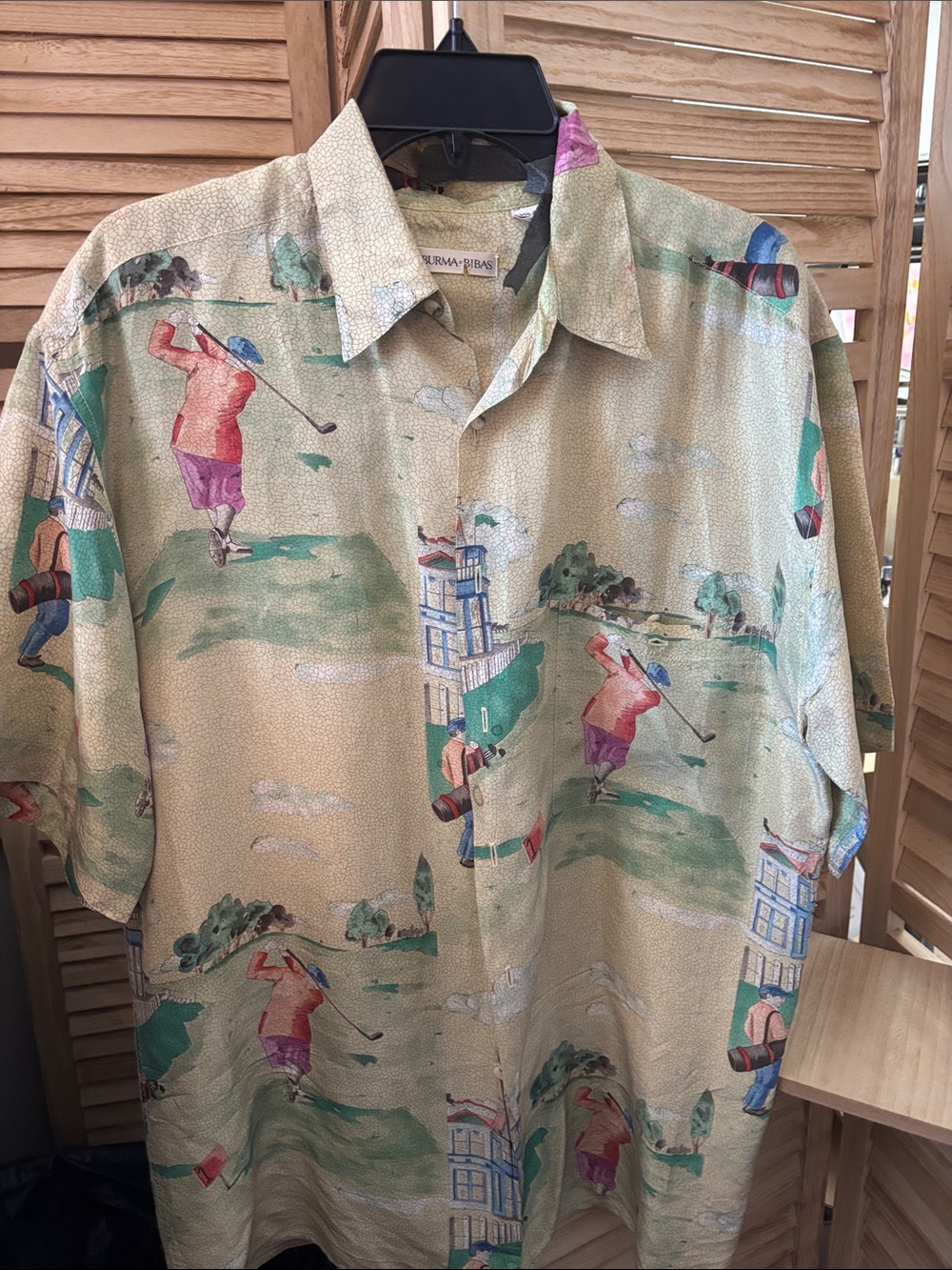 Burma Bibas Silk Golf Print Button-Up Shirt - Neutral Green Medium